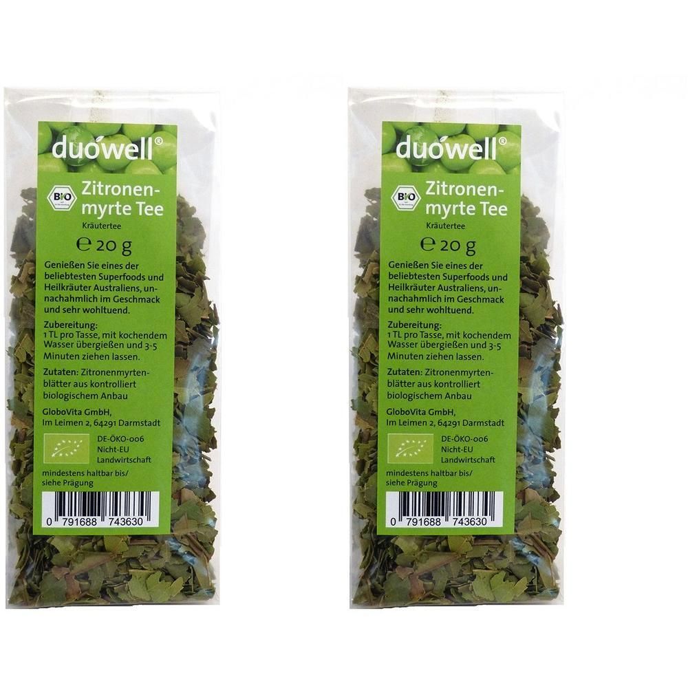 Zwei Packungen duówell Zitronenmyrte Tee, je 20g. Getrocknete Blätter in transparenter Verpackung mit Bio-Siegel.