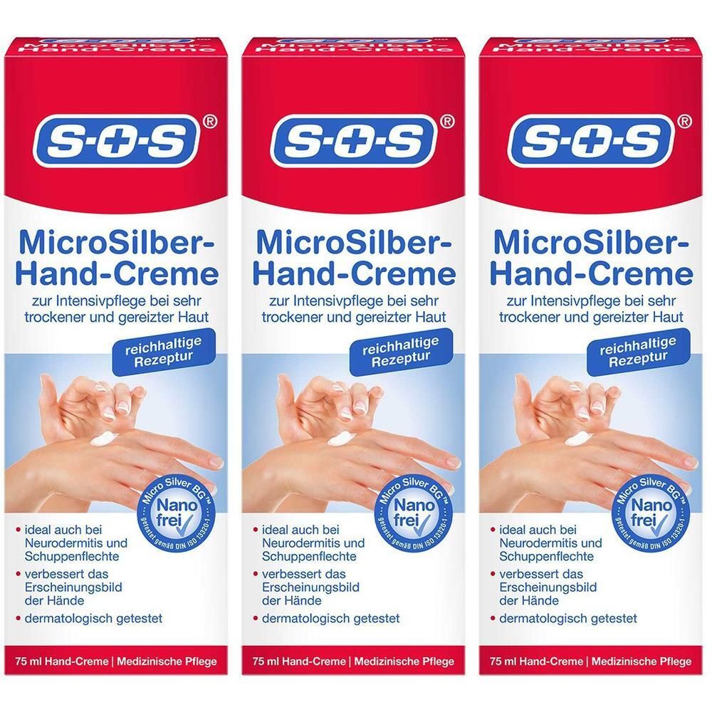 Drei Tuben SOS® MicroSilber Hand-Creme nebeneinander, 75 ml. Intensive Pflege für trockene, gereizte Haut.