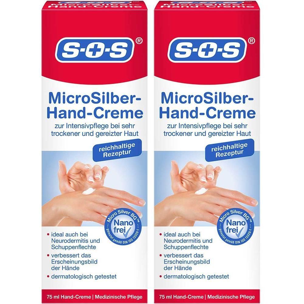 Zwei Tuben SOS® MicroSilber Hand-Creme mit Nano-Technologie für trockene und gereizte Haut.