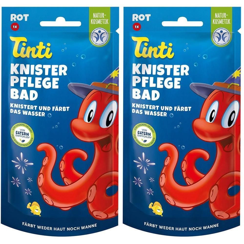 Zwei Packungen Tinti Knister Pflegebad rot mit Oktopus-Motiv. Naturkosmetik.