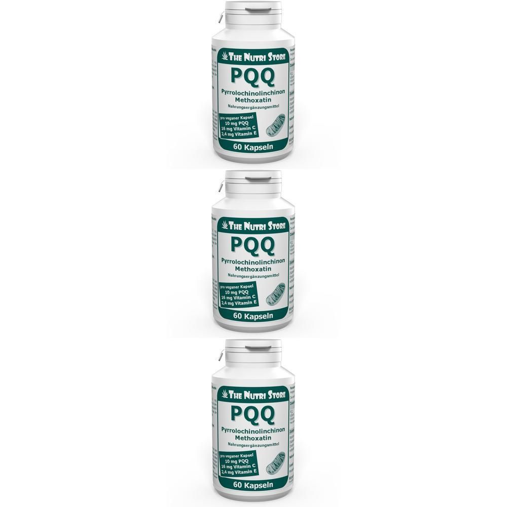 Drei Flaschen PQQ 10 mg Pyrrolochinolinchinon Methoxalin, 60 Kapseln pro Flasche.