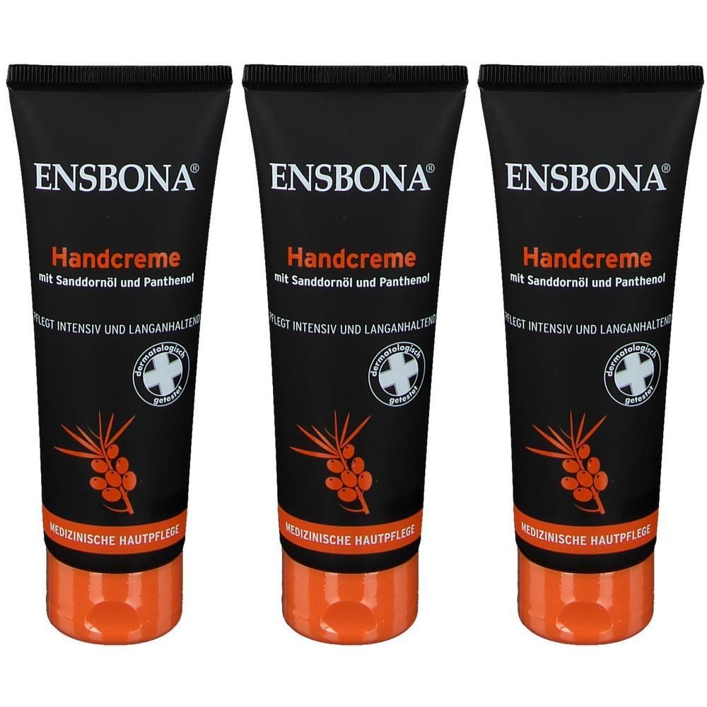 Drei ENSBONA Handcreme-Tuben mit Sanddornöl und Panthenol, medizinische Hautpflege.