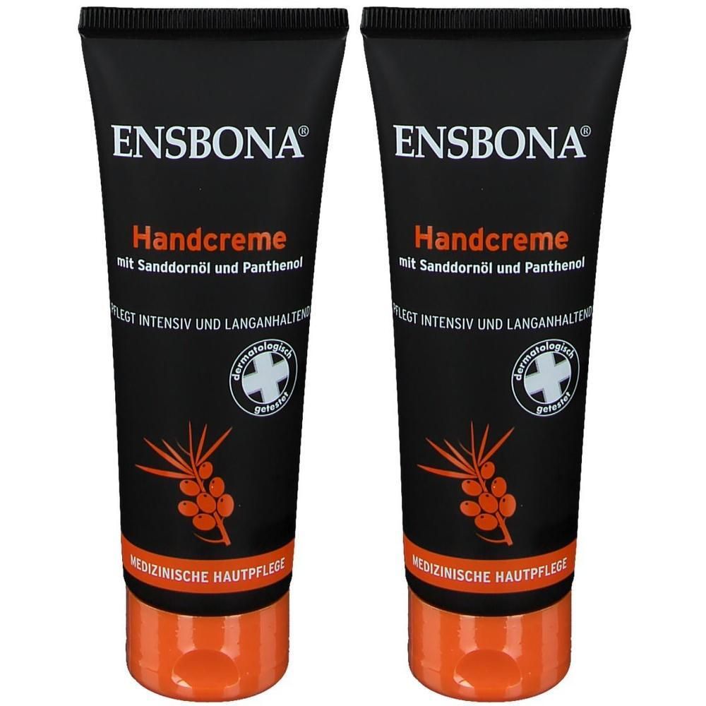 Zwei ENSBONA Handcreme-Tuben mit Sanddornöl und Panthenol. Schwarze Tuben mit orangefarbenem Deckel.