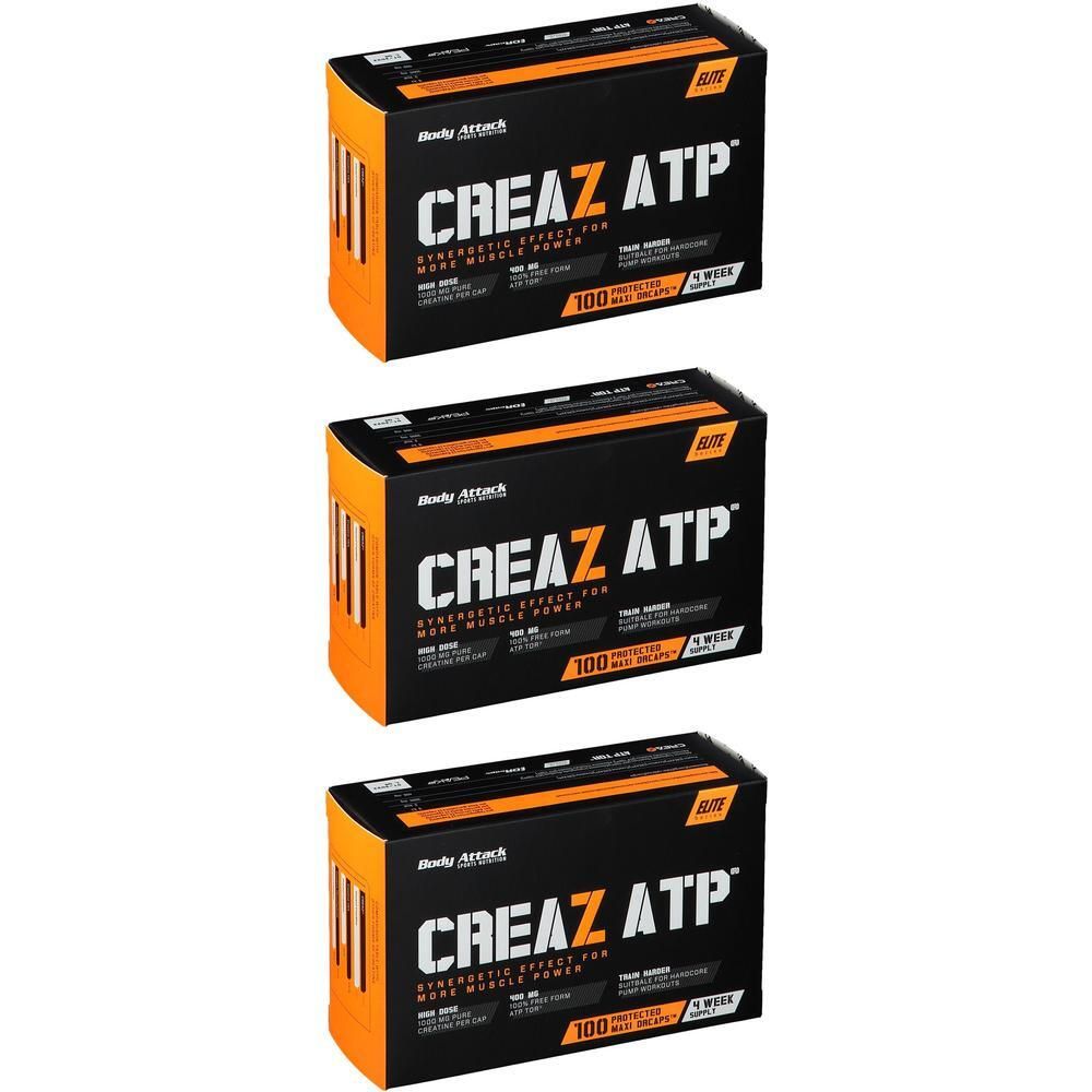 Drei Schachteln Body Attack CREAZ ATP mit orangefarbenen Akzenten und schwarzem Aufdruck.