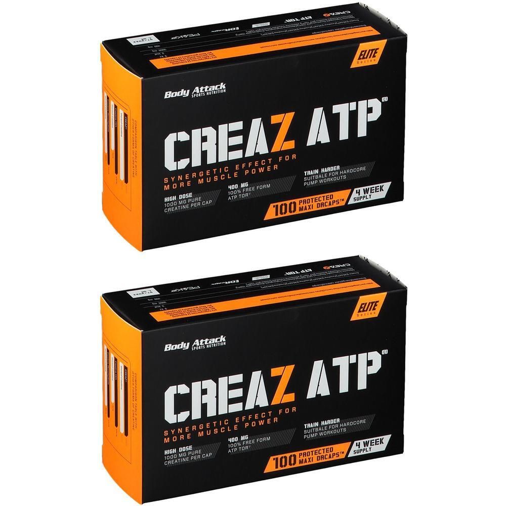 Zwei Packungen Body Attack CreaZ ATP mit je 100 Kapseln. Schwarze Verpackung mit orangen Akzenten und Schriftzug.
