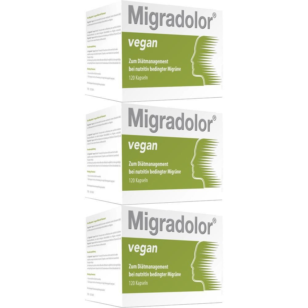 Drei Packungen Migradolor vegan, 120 Kapseln pro Packung.