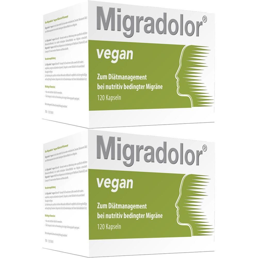 Zwei Packungen Migradolor vegan Kapseln, 120 Stück pro Packung. Für Diätmanagement bei Migräne.