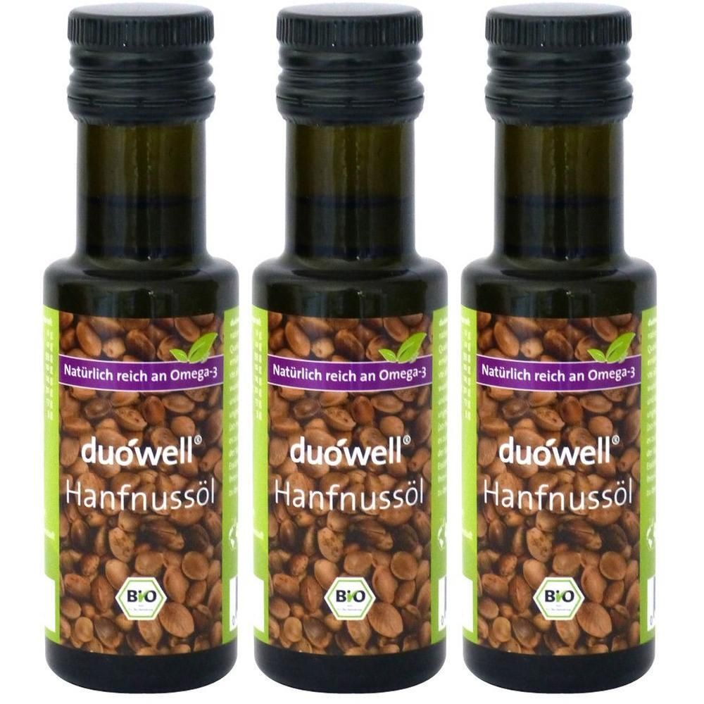 Drei Flaschen duówell Hanföl mit Bio-Siegel und Omega-3-Hinweis.