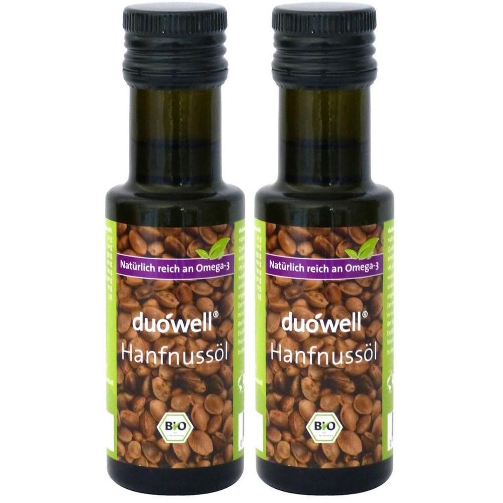 Zwei Flaschen duówell® Bio Hanföl, reich an Omega-3.