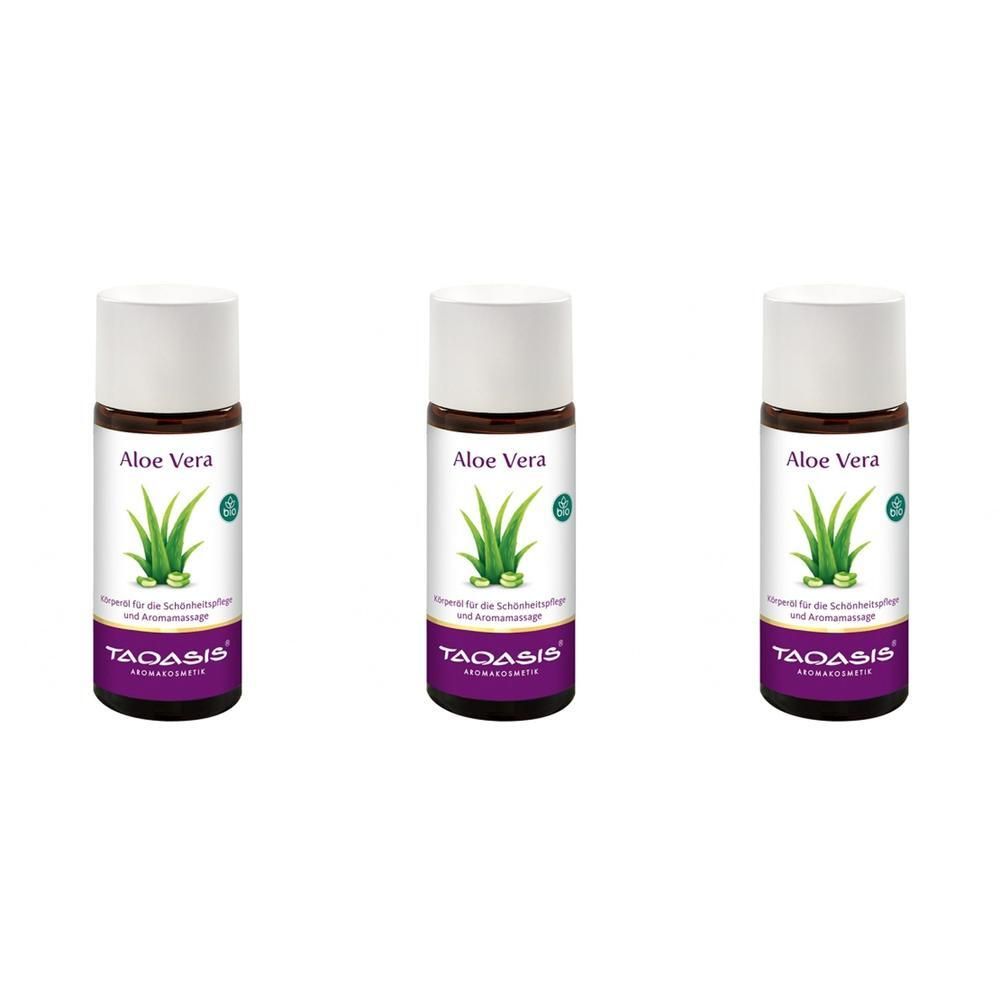 Drei Flaschen Aloe Vera Öl mit Etikett, das eine Aloe Vera Pflanze und Gurkenscheiben zeigt. Marke TAOASIS.