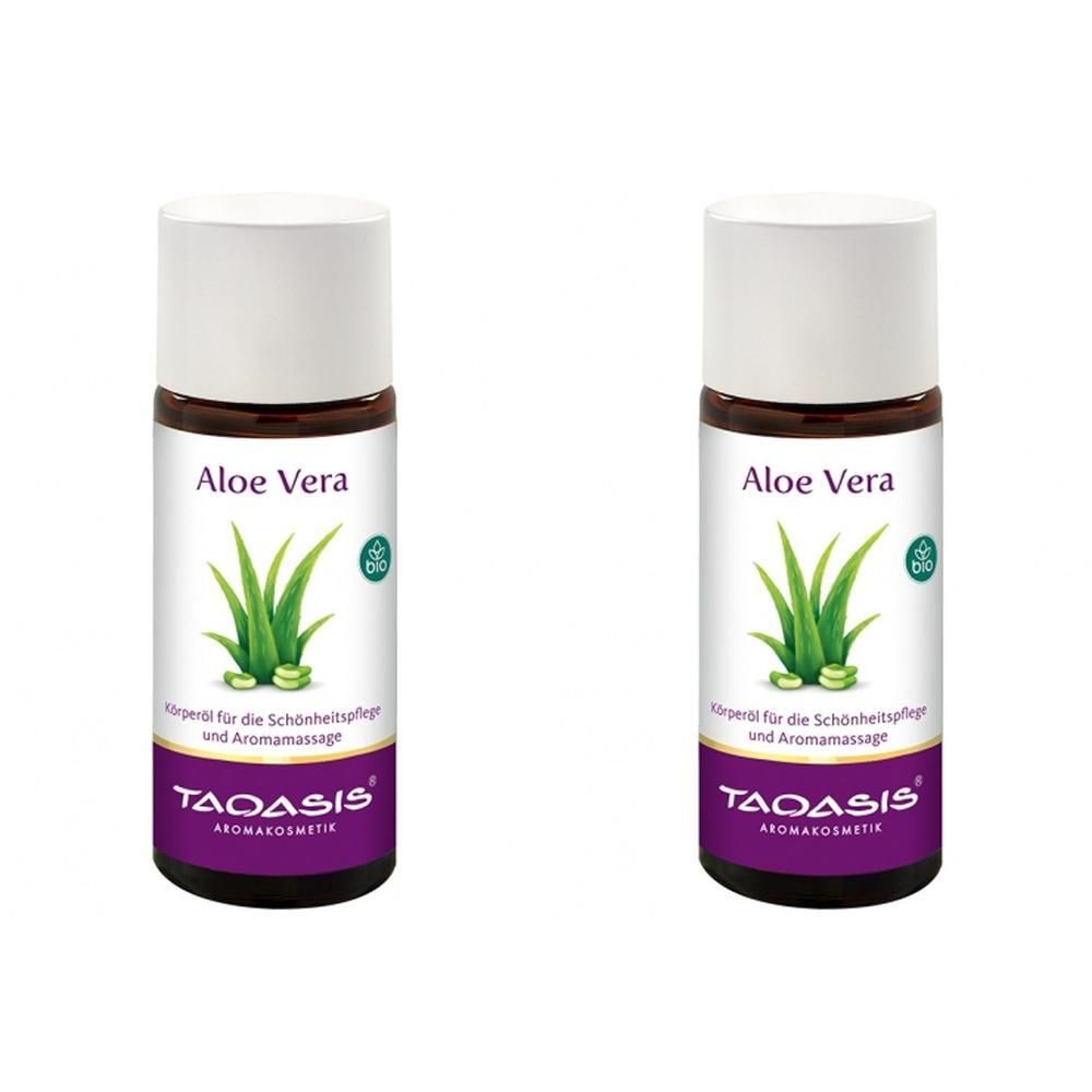 Zwei Flaschen TAOASIS Aloe Vera Bio Öl mit Abbildung von Aloe Vera Pflanzen und dem Bio-Siegel.