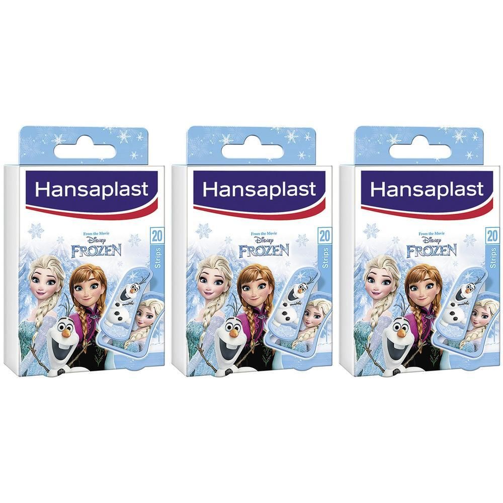 Drei Packungen Hansaplast JKids Frozen Pflaster mit Elsa, Anna und Olaf.