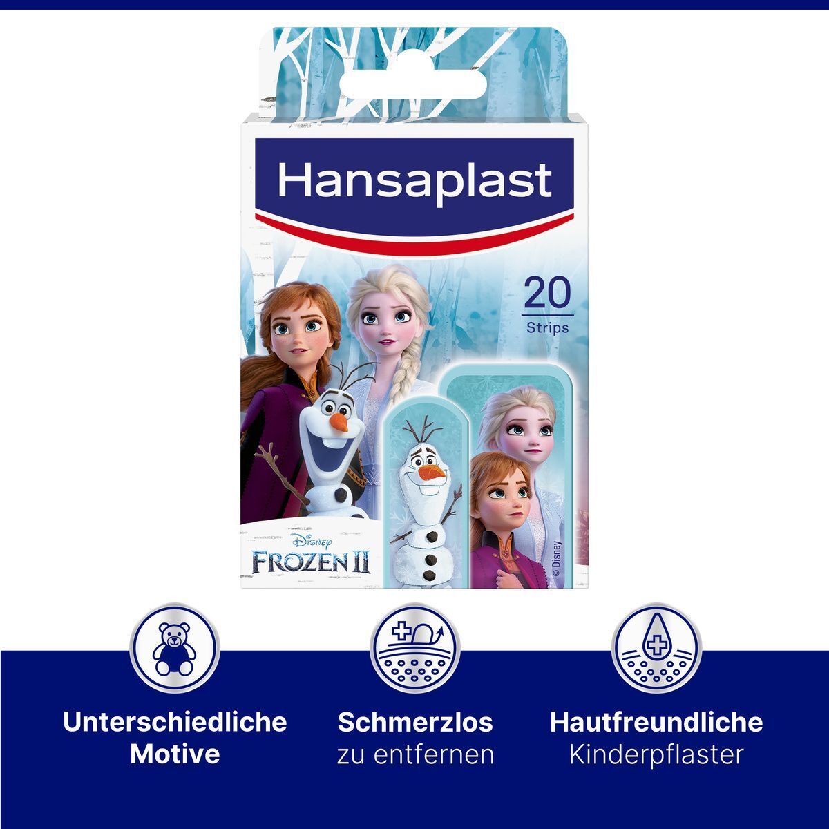 Hansaplast JKids Frozen Pflasterpackung mit 20 Streifen, zeigt Elsa, Anna und Olaf.
