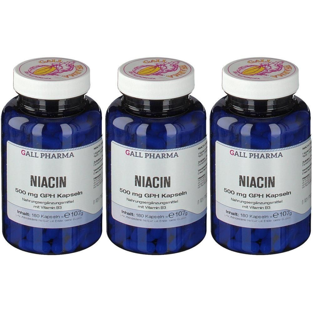 Drei blaue Flaschen GALL PHARMA Niacin 500 mg GPH Kapseln, 180 Kapseln pro Flasche.