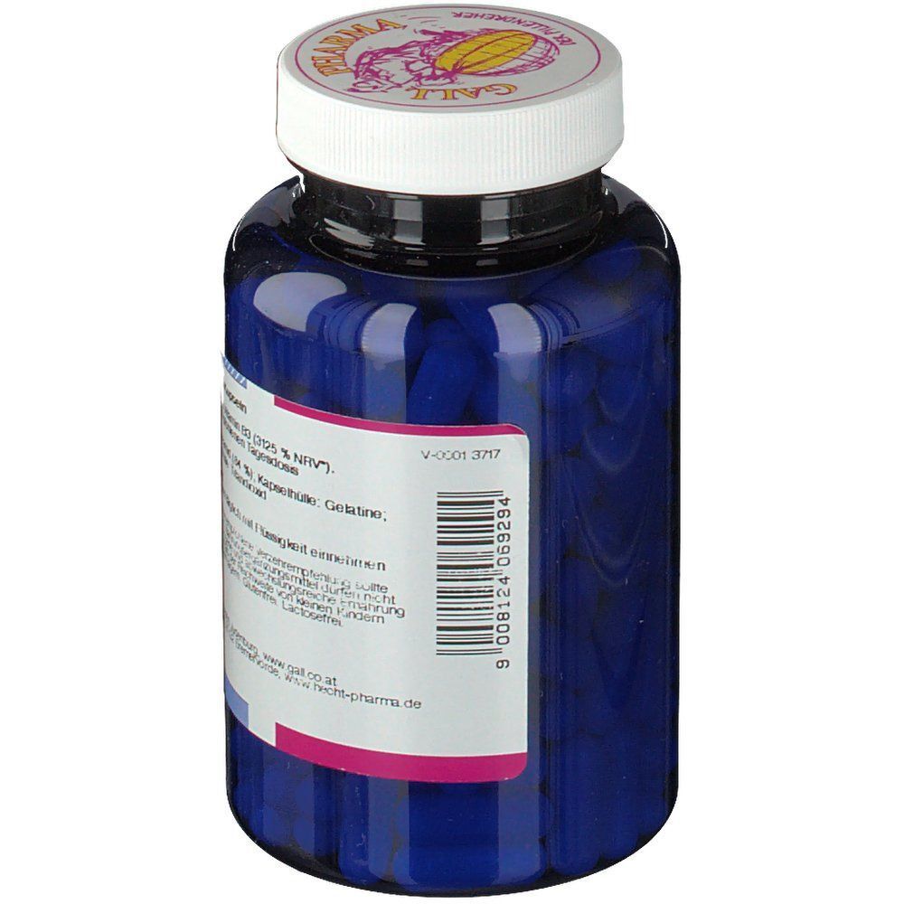 Eine blaue Flasche GALL PHARMA Niacin 500 mg GPH Kapseln, Seite mit Etikett und Barcode.
