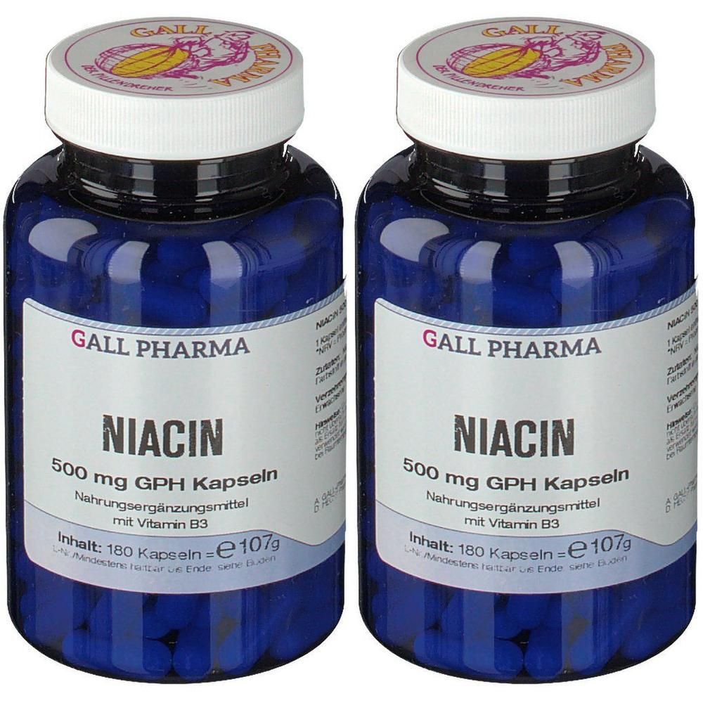 Zwei blaue Flaschen GALL PHARMA Niacin 500 mg GPH Kapseln, 180 Kapseln pro Flasche.