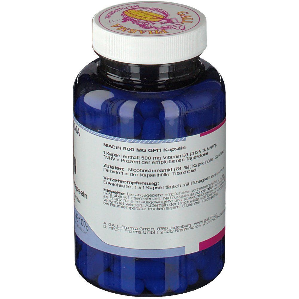 Eine blaue Flasche GALL PHARMA Niacin 500 mg GPH Kapseln, Rückseite mit Informationen.