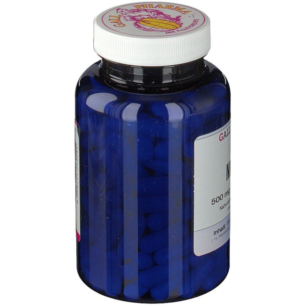 Eine blaue Flasche GALL PHARMA Niacin 500 mg GPH Kapseln, Seitenansicht.