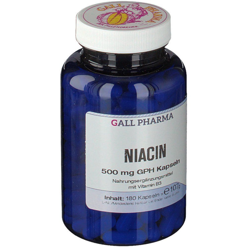 Eine blaue Flasche GALL PHARMA Niacin 500 mg GPH Kapseln, Vorderansicht.