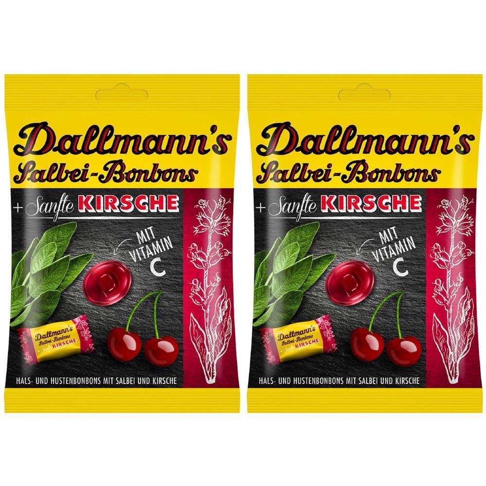 Zwei Packungen Dallmann's Salbei-Bonbons mit Kirschgeschmack, angereichert mit Vitamin C.