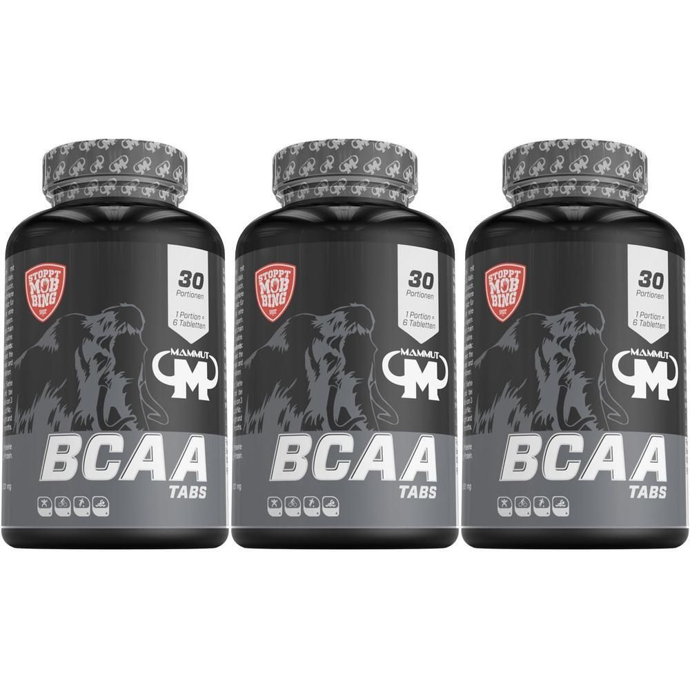 Drei schwarze Behälter mit Mammut BCAA Tabs, jeweils 30 Portionen.
