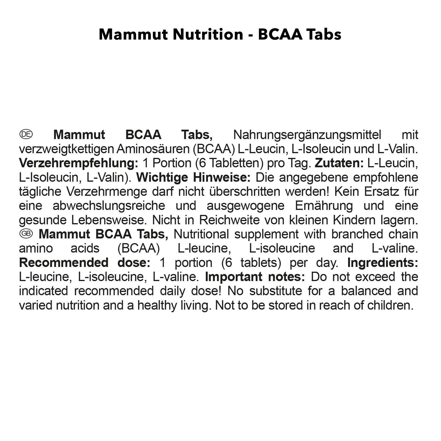 Informationen zu Mammut BCAA Tabs: Nährwertangaben und Verzehrempfehlung.