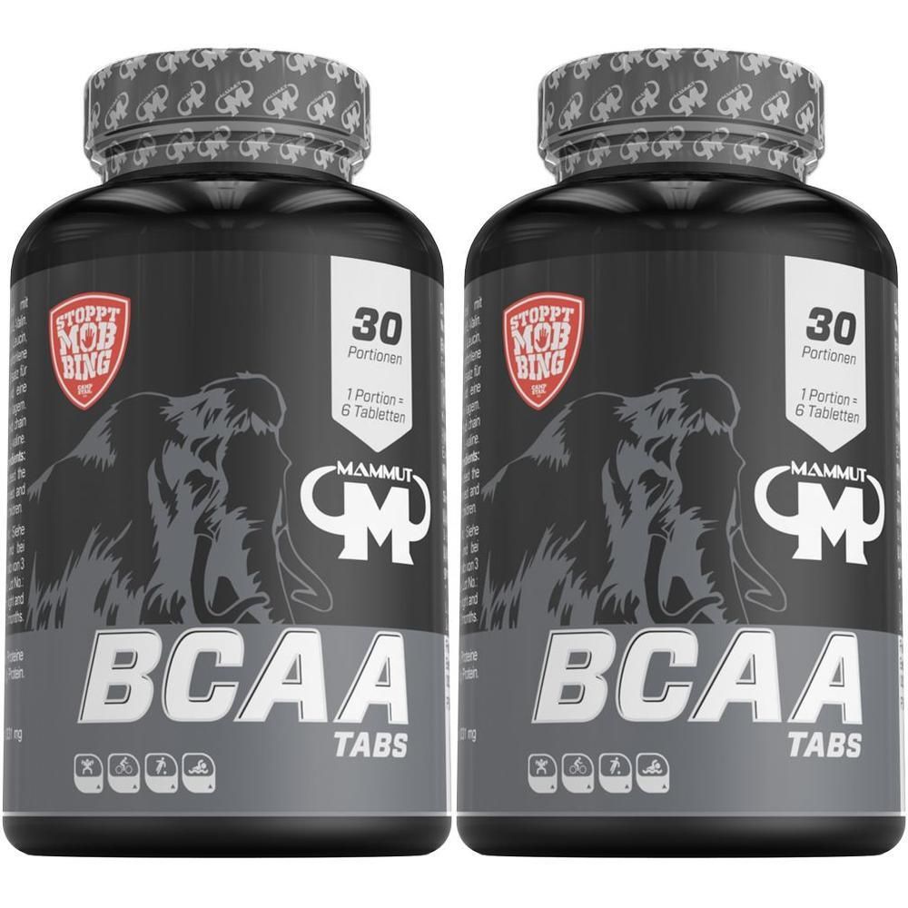Zwei schwarze Behälter mit Mammut BCAA Tabs, jeweils mit 30 Portionen und Abbildung eines Mammuts.
