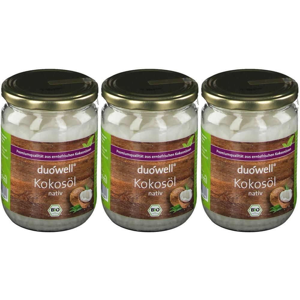 Drei Gläser duówell Bio Kokosöl nativ mit Holzoptik-Etikett und Kokosnuss-Abbildung.
