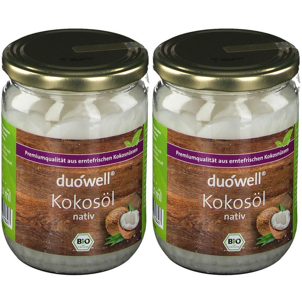Zwei Gläser duówell Bio Kokosöl nativ mit Schraubdeckel. Das Etikett zeigt Kokosnüsse und das Bio-Siegel.