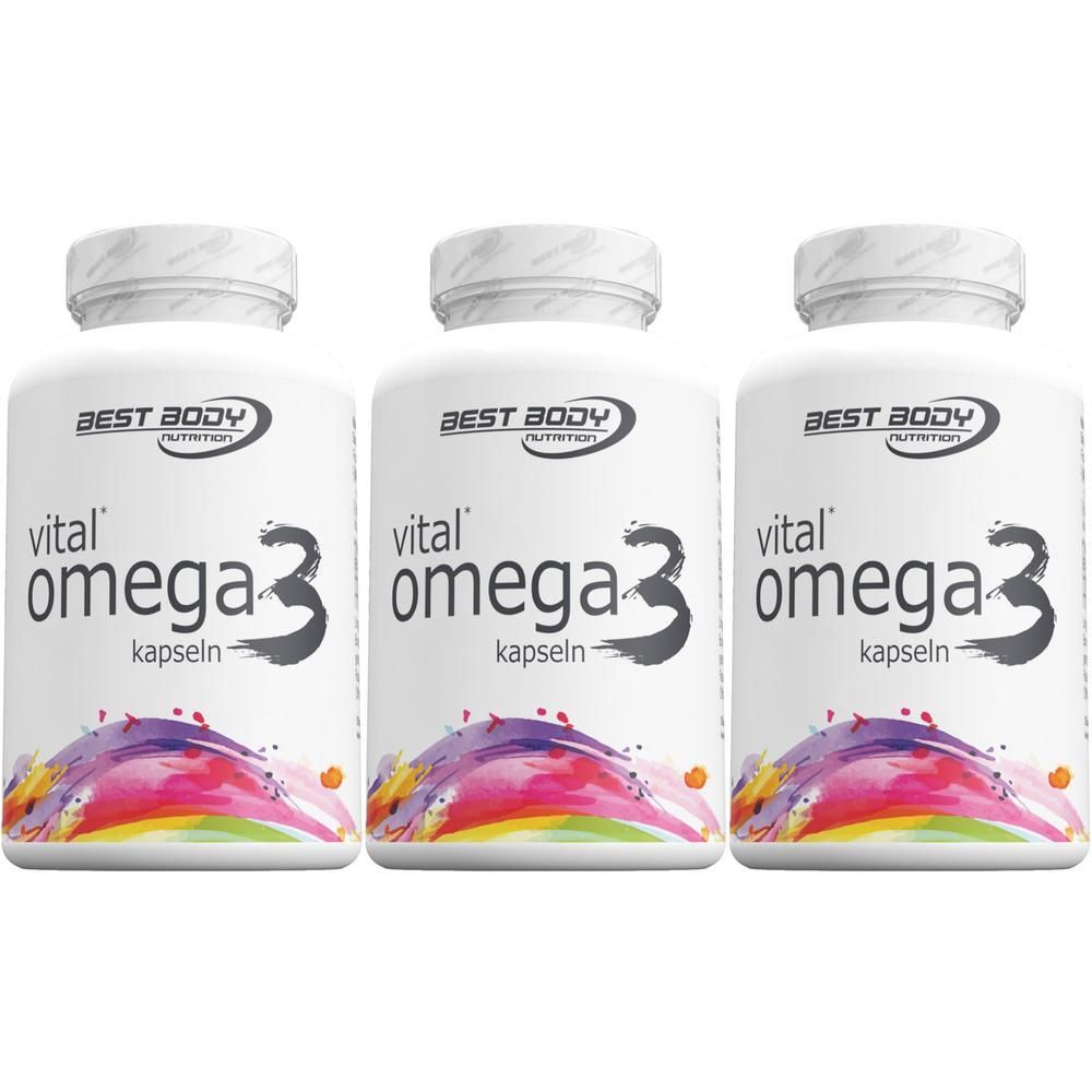 Drei Flaschen BEST BODY NUTRITION vital omega 3 Kapseln mit bunten Verzierungen am unteren Rand.