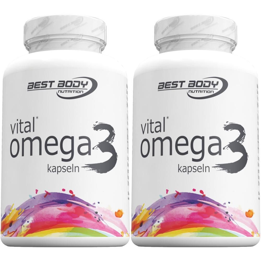 Zwei Flaschen BEST BODY NUTRITION vital omega 3 Kapseln mit buntem Design.