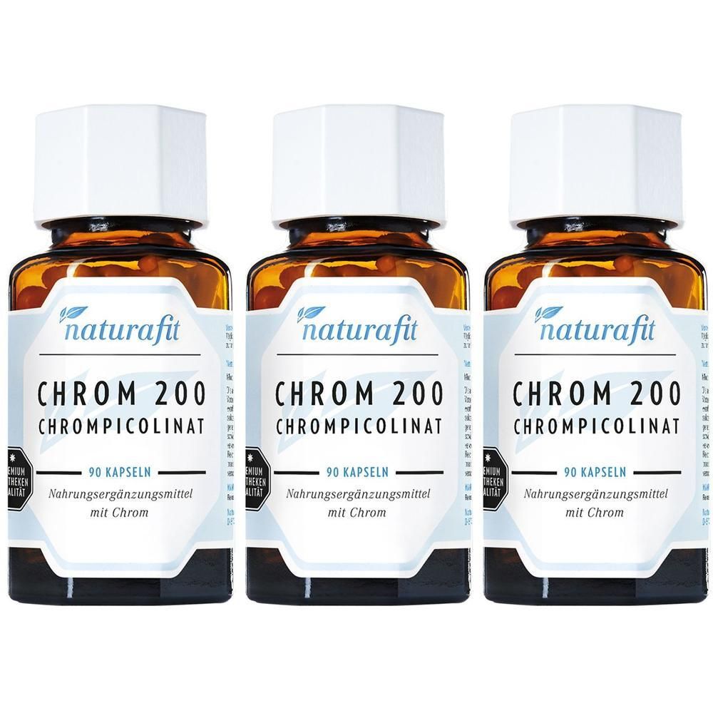 Drei Flaschen naturafit Chrom 200 Chrompicolinat, 90 Kapseln pro Flasche. Nahrungsergänzungsmittel mit Chrom.