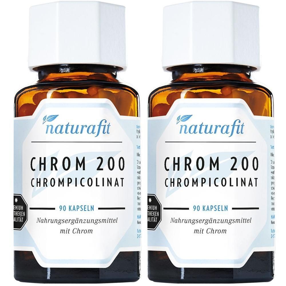 Zwei Flaschen naturafit CHROM 200 Chrompicolinat, 90 Kapseln pro Flasche.