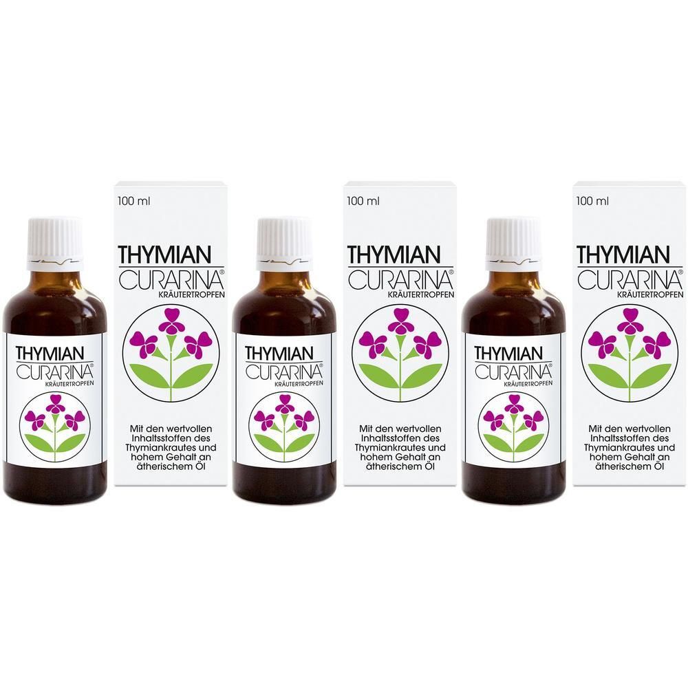 Drei Flaschen THYMIAN CURARINA KräuterTropfen, jeweils 100 ml, mit Abbildung von Thymianblüten.