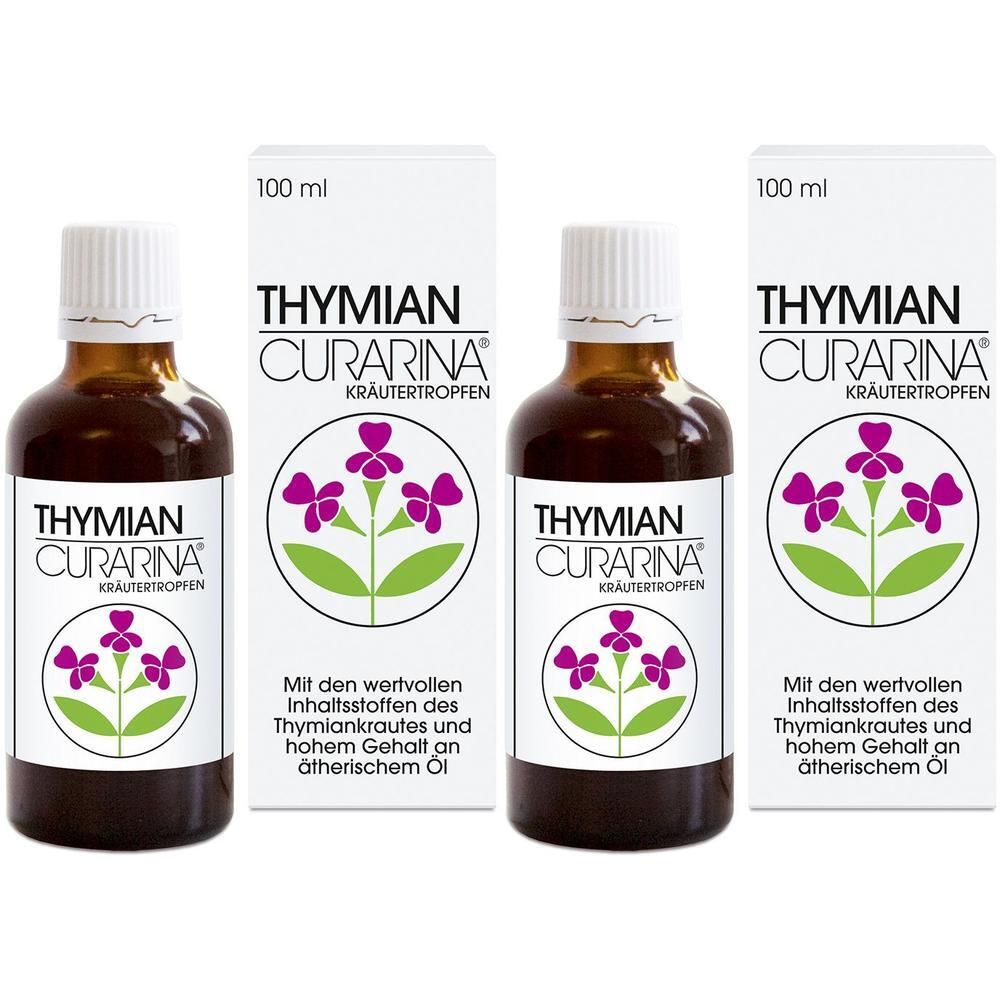 Zwei Flaschen THYMIAN CURARINA Kräutertropfen, 100 ml, mit Thymianblüten-Symbol.
