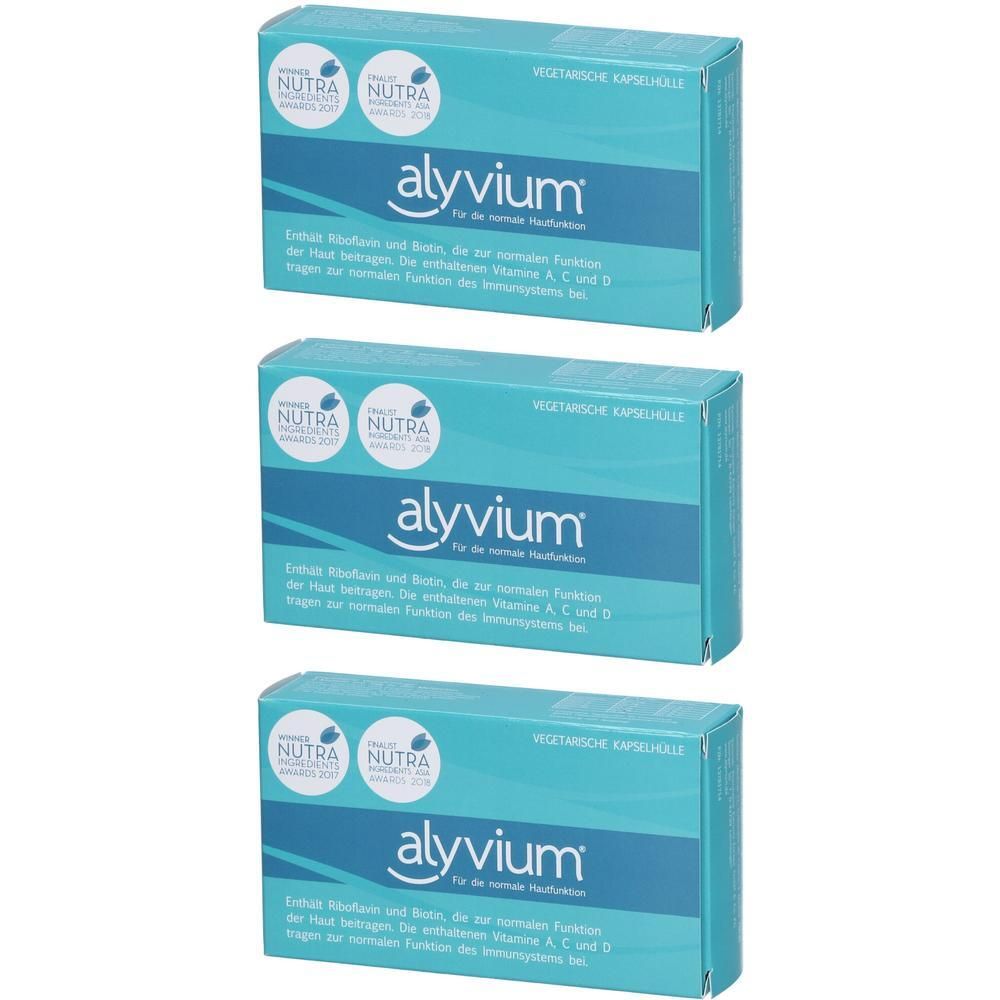Drei Packungen alyvium® für normale Hautfunktion. Enthält Biotin und Zink. Vegetarische Kapseln.