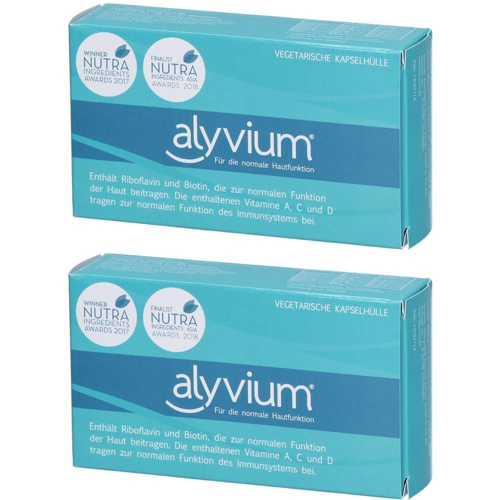 Zwei Packungen alyvium® mit vegetarischer Kapselhülle, ausgezeichnet mit Nutra Ingredients Awards.