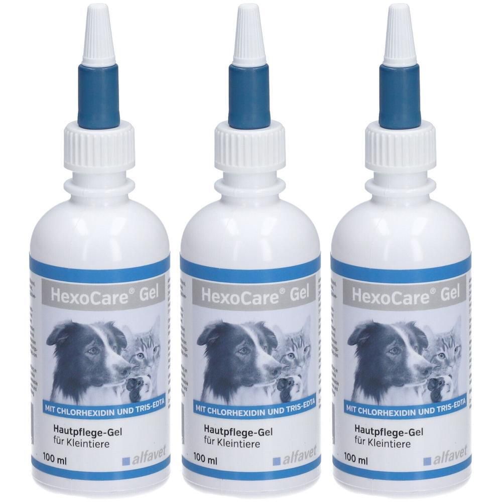 Drei Flaschen HexoCare Hautpflege-Gel für Kleintiere mit Chlorhexidin und Tris-EDTA.
