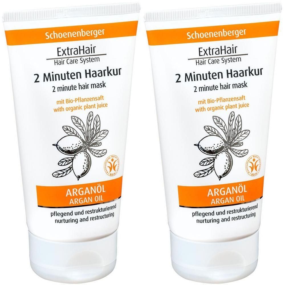 Zwei weiße Tuben Schoenenberger ExtraHair 2 Minuten Haarkur mit Arganöl. Vorderseite mit Produktinformationen und Pflanzenabbildung.