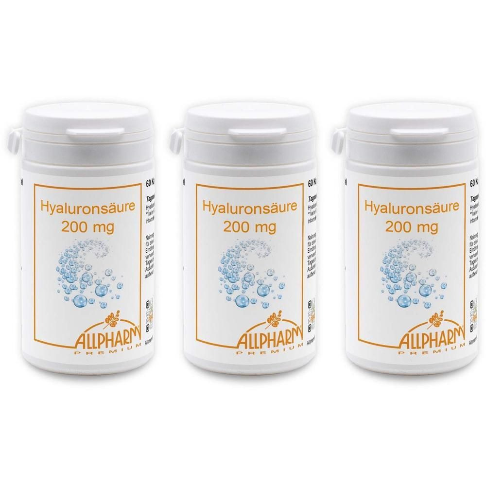 Drei weiße Behälter mit Hyaluronsäure 200 mg von ALLPHARM. Blasen-Design auf dem Etikett.