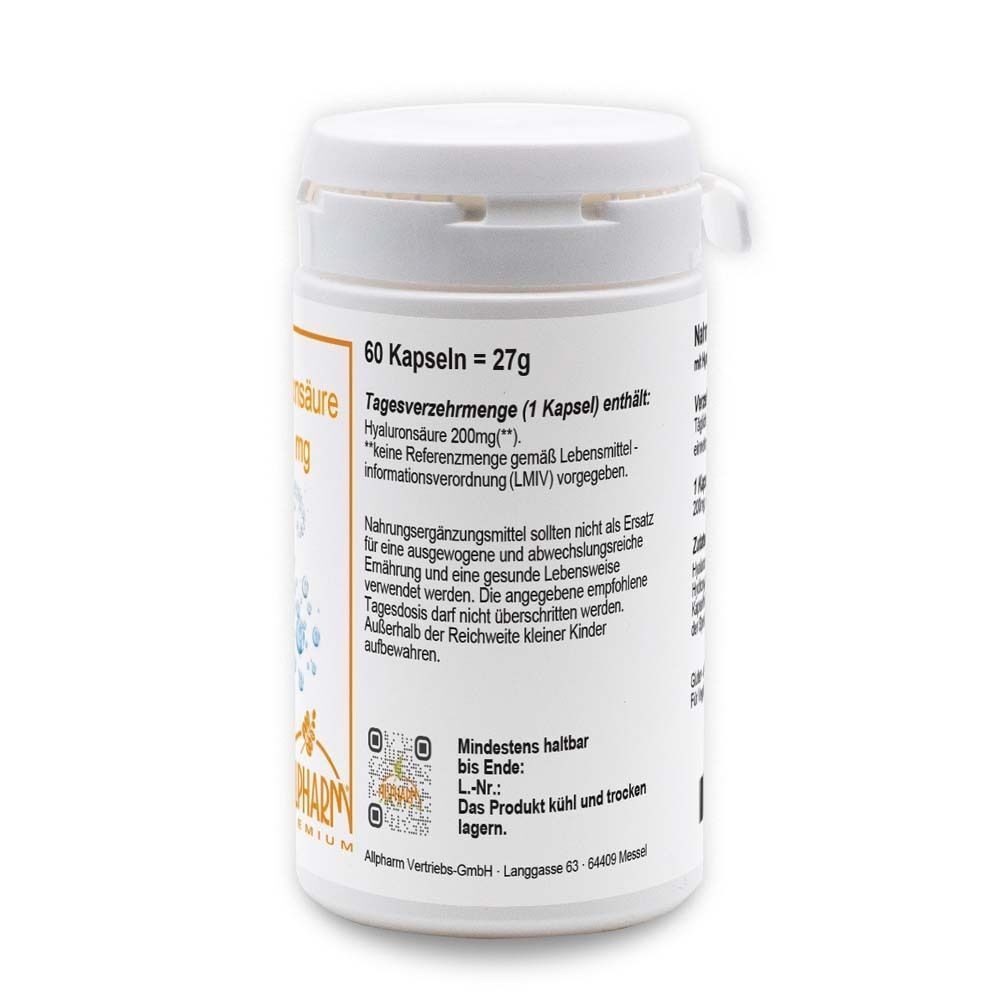 Rückseite eines ALLPHARM Hyaluronsäure 200 mg Behälters mit Nährwertangaben und Dosierung.