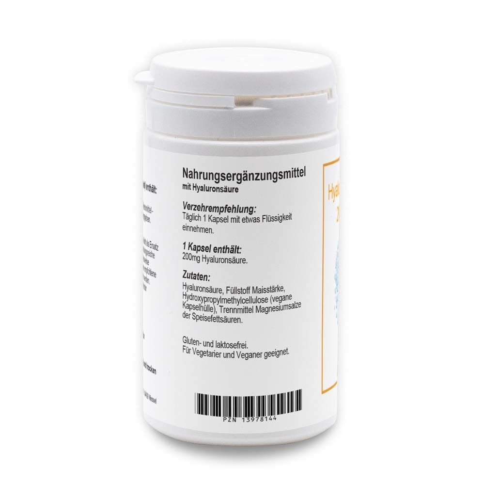 Seite eines ALLPHARM Hyaluronsäure 200 mg Behälters mit Zutatenliste und EAN-Code.