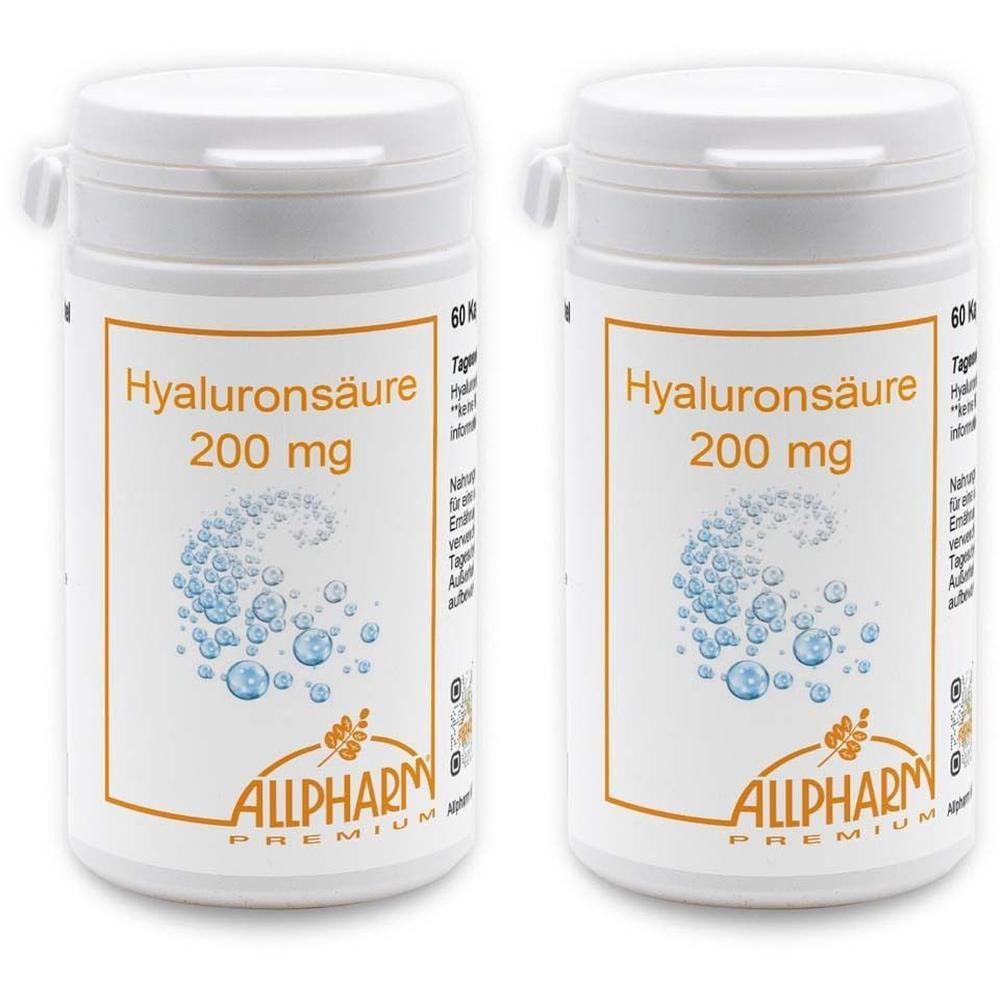 Zwei weiße Flaschen ALLPHARM Hyaluronsäure 200 mg mit orangefarbenem Etikett und Blasenmotiv.