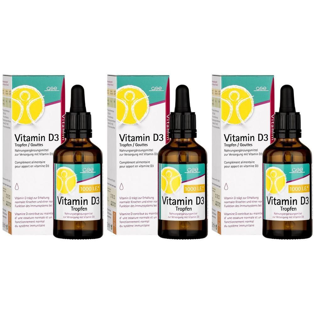 Drei Flaschen Vitamin D3 Tropfen mit Pipetten und Verpackungen. Jede Flasche enthält 1000 I.E.