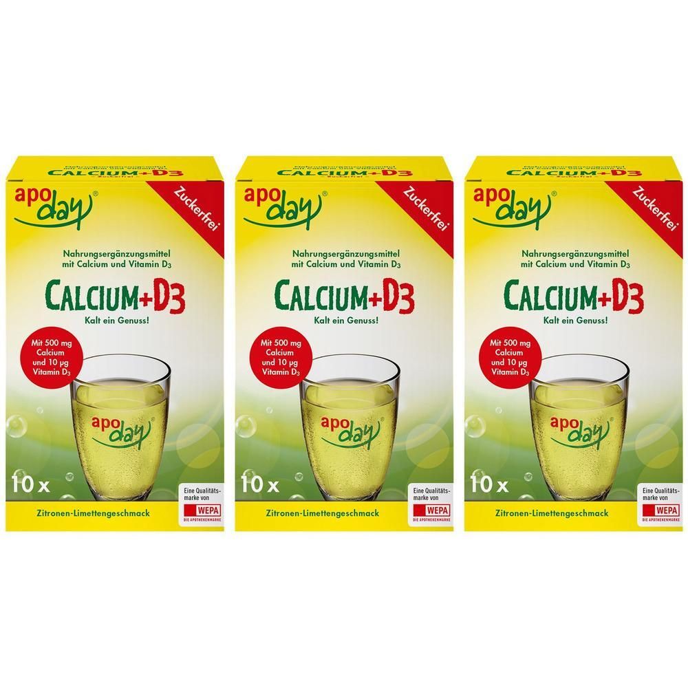 Drei Packungen apoday Calcium+D3 mit Zitronen-Limetten-Geschmack. Zuckerfrei.