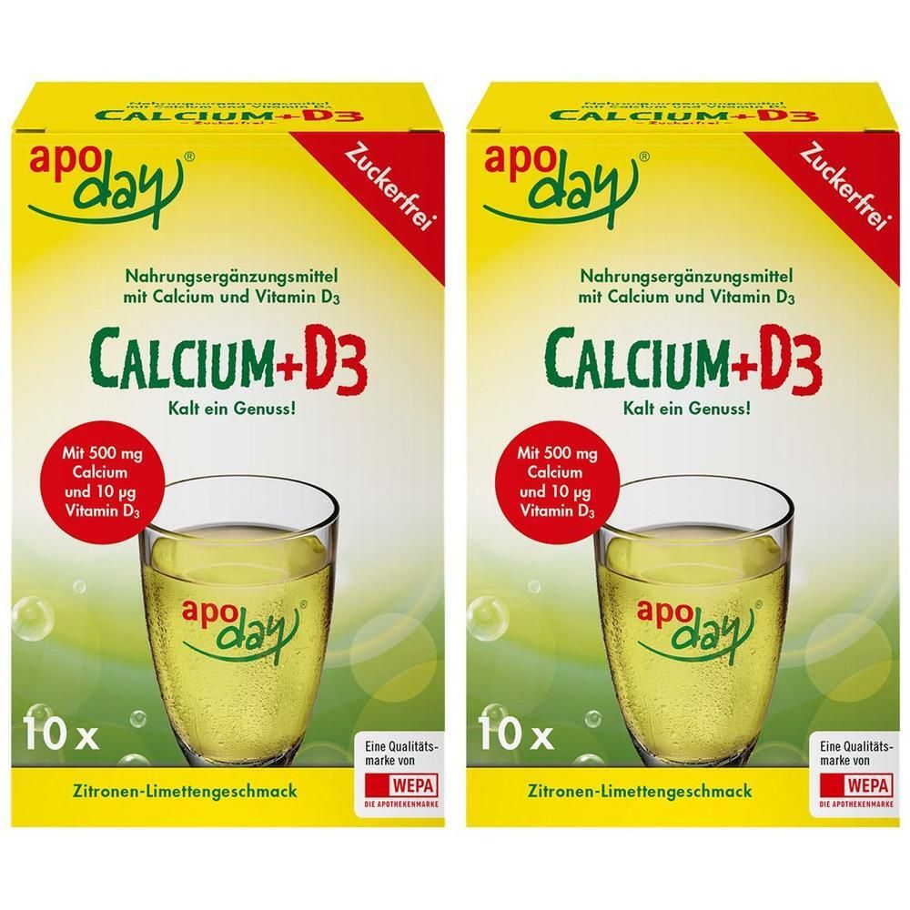 Zwei Packungen apoday Calcium+D3 Zitrone-Limetten-Geschmack, zuckerfrei. Jede Packung enthält 10 Beutel.
