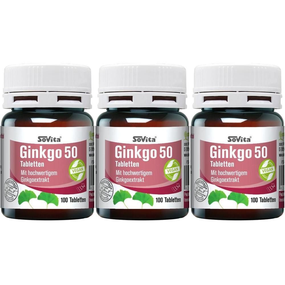 Drei Flaschen SoVita Ginkgo 50 Tabletten mit Ginkgoblättern und "100 Tabletten" Aufschrift.