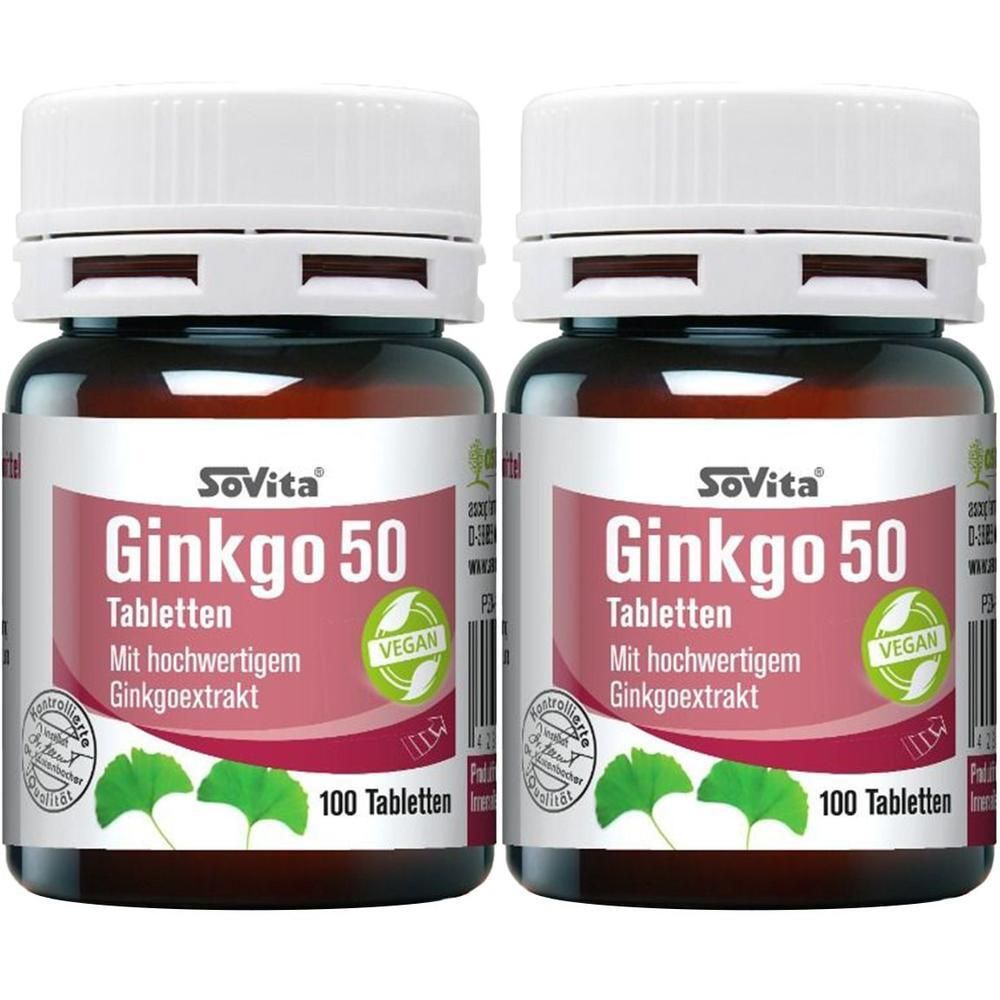 Zwei Flaschen SoVita Ginkgo 50 Tabletten, jede enthält 100 Tabletten. Braune Glasflaschen mit weißen Verschlüssen.