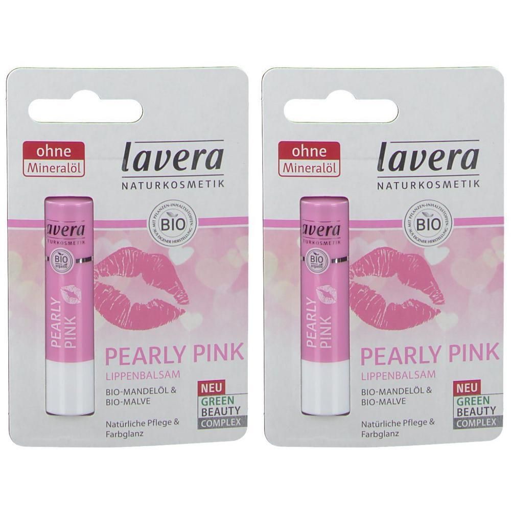 Zwei Lavera Lippenbalsame Pearly Pink im Doppelpack, mit BIO-Siegel und Kussmund-Symbol.