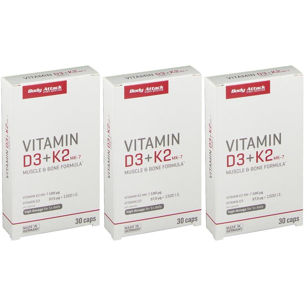 Drei Packungen Body Attack Vitamin D3 + K2 MK-7, Muskel & Knochen Formel, 30 Kapseln pro Packung.